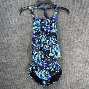 Speedo One Piece Swimsuit Size Small Blue Black High Neck Keyhole Built In Bra
